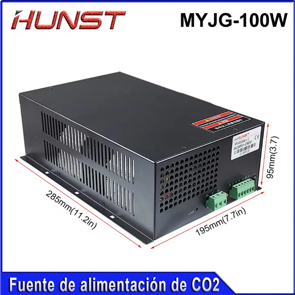 مصدر طاقة ليزر HUNST CO2 MYJG 100W يدعم الجهد 95 ~ 250 فولت ويستخدم لآلات النقش والقطع بالليزر 80-100 وات.