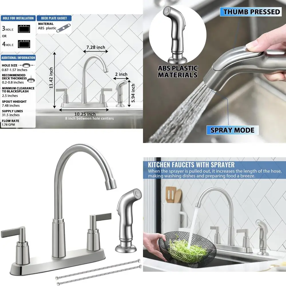 

Stainless Steel Brushed Nickel Kitchen Sink Faucet with Side Spray, 3 or 4 Hole Mount, Commercial Grade KMF023L-1