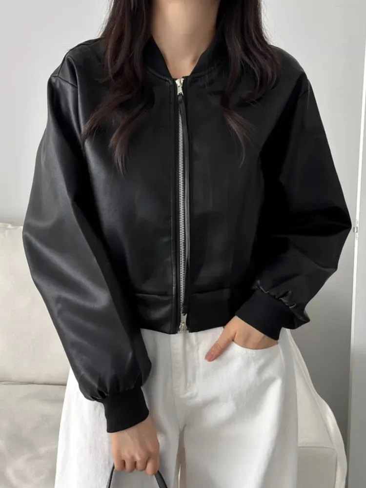 Schickes Design, Doppelreißverschluss, kurze Lederjacke für Damen, schmale Passform, Baseballkragen, langärmliges Oberteil, vielseitig einsetzbar, für den Arbeitsweg, PU-Leder