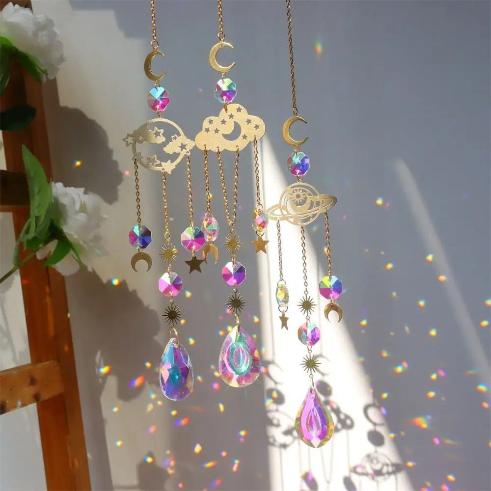 Home Garden Decor Sun Catcher Fashion Light Catching Moon Star Cloud Crystal Pendant Rainbow Maker Hanging Ornament Gift