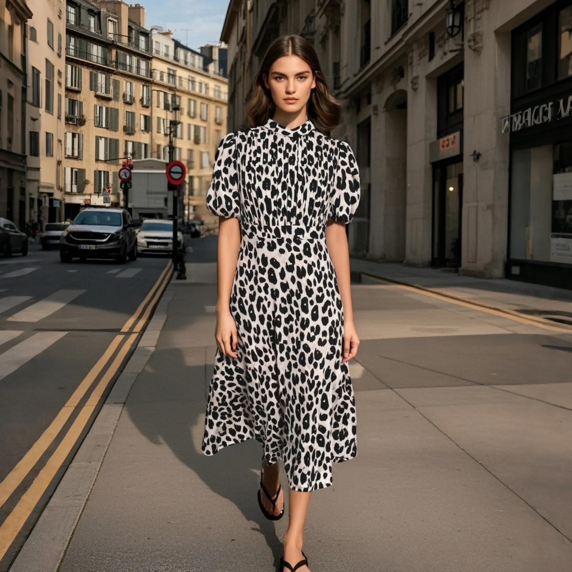 

2025 Women's Leopard Print Dress with Puff Sleeves and Pleated Bodice A-Line Midi Length for Casual and Party Wear