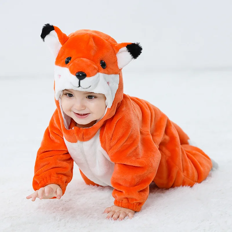 Halloween Baby Romper Winter Hooded Flannel Toddler Infant Clothes Overall Cartoon Fox Bodysuits Jumpsuit Costume For Kid Bebe