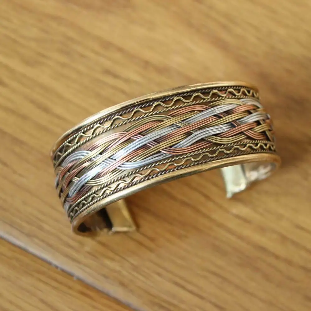 BR485 Handmade Nepal 3 Color Copper Metal Braided 25mm Wide Open Back Cuff Bracelet