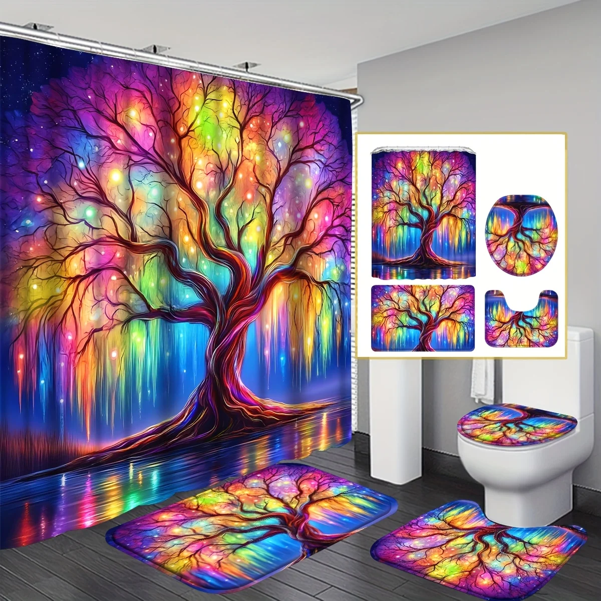 

4pcs Colored Tree Shower Curtain Set, Fashion Bathroom Curtain Set with 12 Hooks Include Non-Slip Bathroom Rug, Toilet U-Shape M
