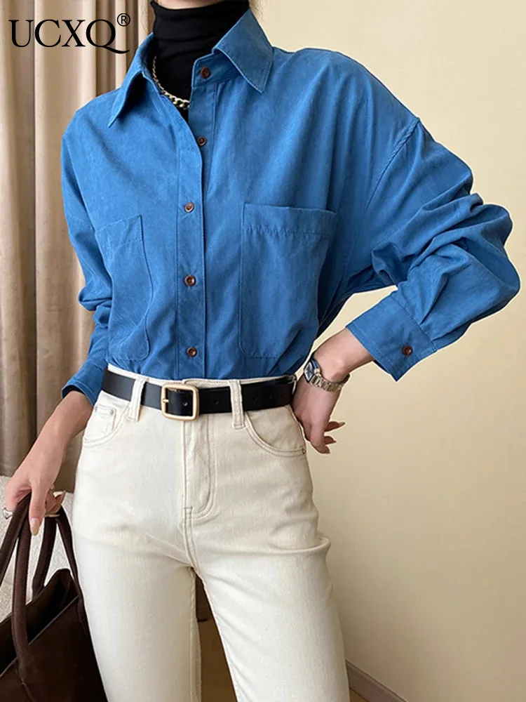 

UCXQ Elegant Casual Shirt Minimalist Solid Color All Match Loose Long Sleeve Office Lady Blouse Women 2024 Spring Autumn 23A9171