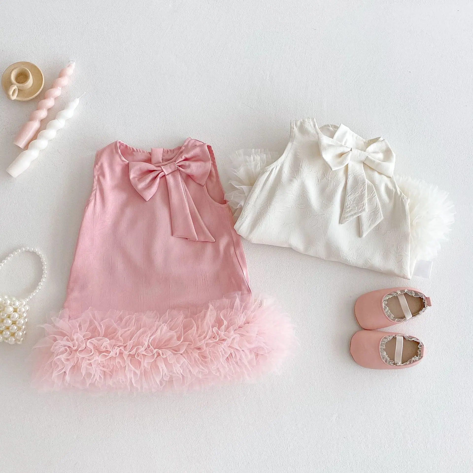 2026 Girl's Bow Sleeveless Princess Dress 0-5Y New Summer Girl Baby Solid Color Mesh Dress Trendy Children's Korean Style Dress