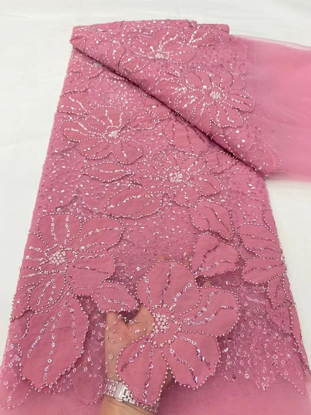 

African NigerianTulle 2024 High Quality EmbroideryLace Fabric French Guipure Sequins Wedding Party Dress 5Yards Beaded H0164