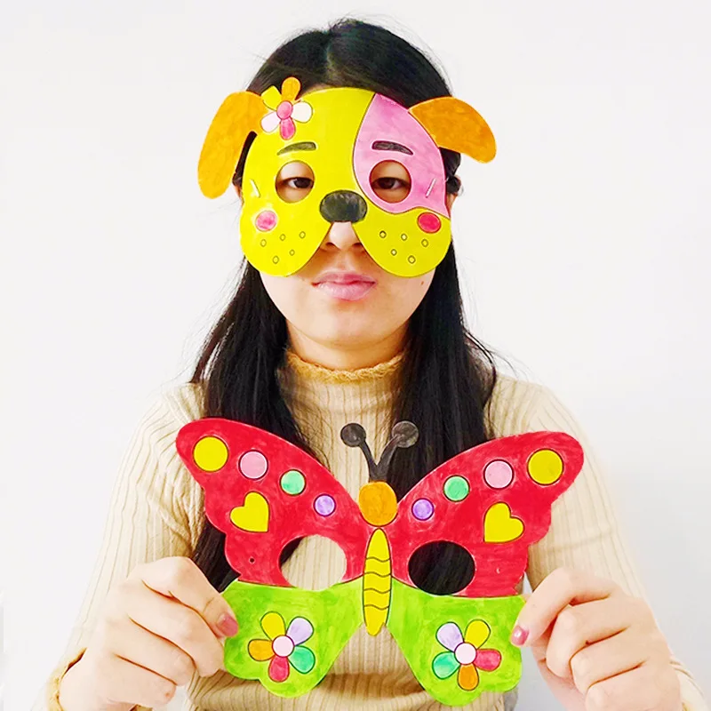 Cartoon Animal DIY Mask Crafts Toy Paper Mask Hand painted Gift White Paper Card Material with Color Pen Creative Color Craft