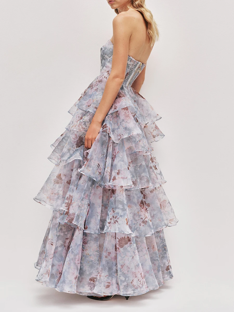 TWOTWINSTYLE Colorblock Slimming Spliced Printing Dress for Women Strapless Sleeveless Patchwork Folds Midi Dresses Female New