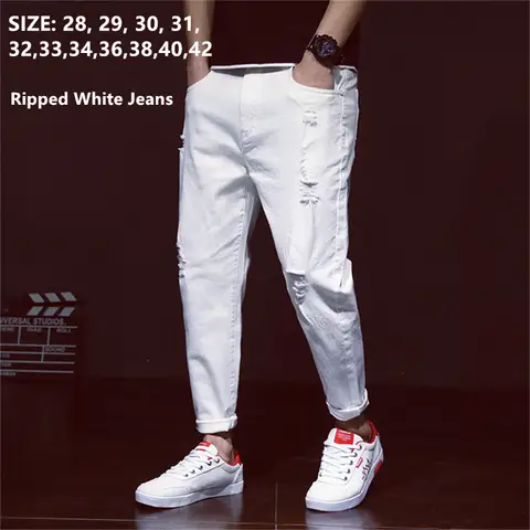 White Ripped Jeans Men Harem Boys Denim Distressed Black Pants Spring Summer Male Scratched Plus Size 40 42 Big Cowboy Trousers