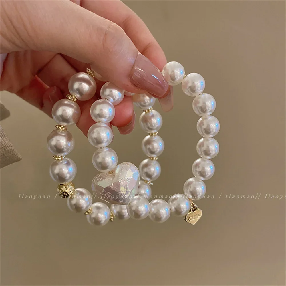 White Love Hair Rope Women Imitation Pearl Rubber Bands Hair Fashion Women Girl Ponytail Headweare Bracelet Hair  Accessories