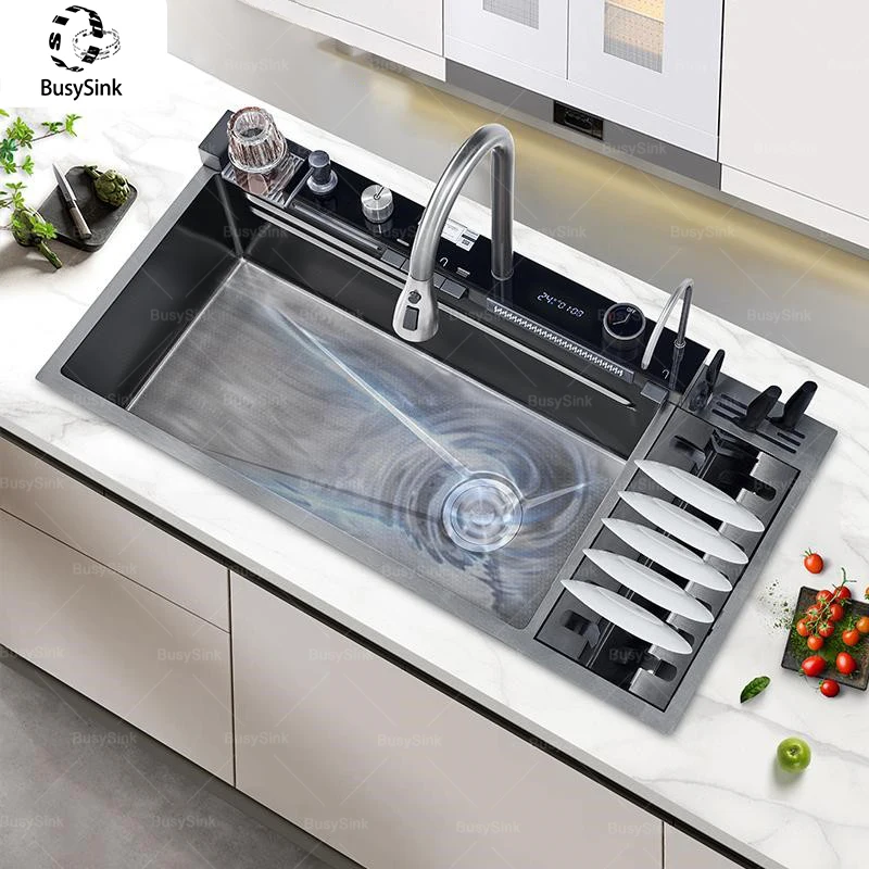 

Stainless Steel Kitchen Sink Large Size Single Slot Multifunctional With Trash Can and Drain Rack Household Wash Dish Basin