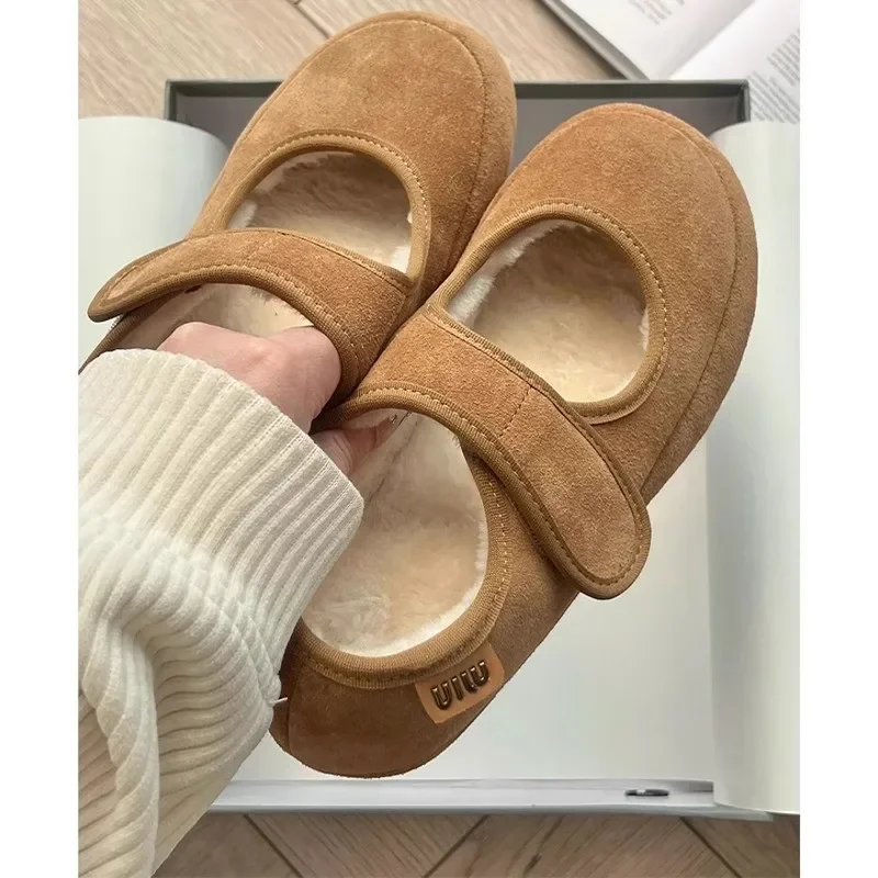 Thick Heel Mary Janes Women's Shoes Fleece Lined Casual Fur Slip-On Autumn Winter Rubber Sole round Toe Commuter Style Shoes