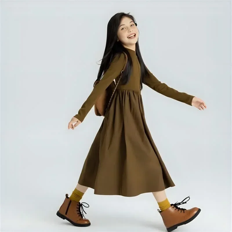 

Girls Dress Autumn Casual Long Sleeve Half High Collar Knitt Patchwork Princess Dress for Children Solid All-match Kids Clothes