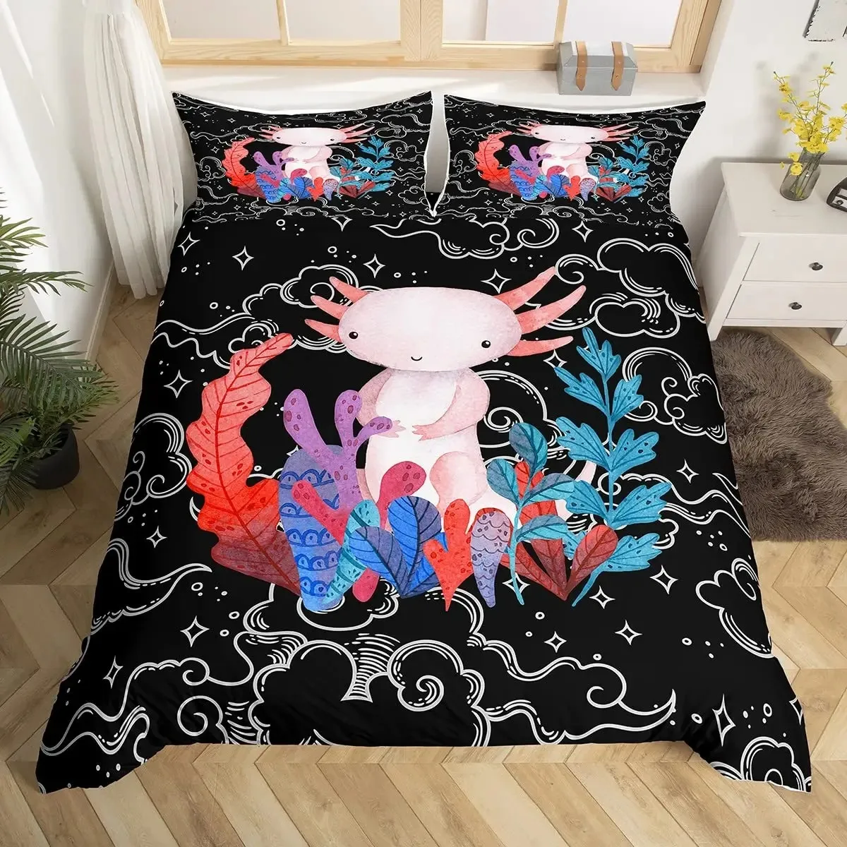 

Cute Axolotl Duvet Cover Set Full Size Cartoon Salamander Bedding Set Kawaii Animals Comforter Cover Constellation Black Decor