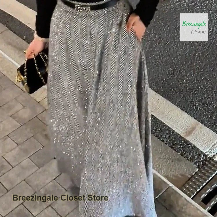 

Korean-style gray high-waisted bright spot pocket printing drape straight skirt women's autumn and winter new loose slim skirt