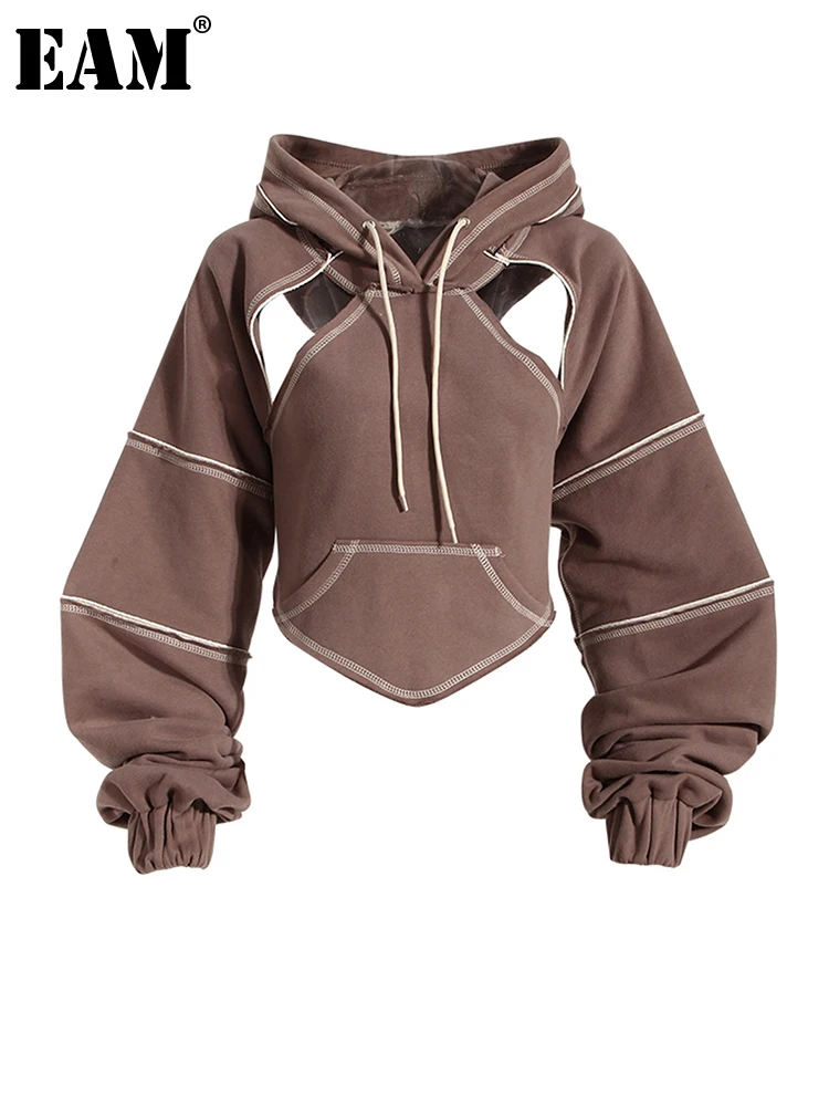 [EAM] Brown Back Bow Irregular Cut-out Sweatshirt New Hooded Long Sleeve Women Big Size Fashion Tide Spring Autumn 2024 1DF1820