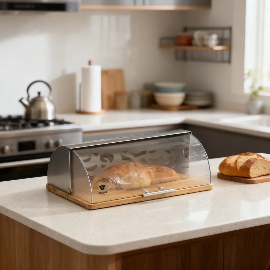 PYH popular household kitchen storage box stainless steel bread box storage bamboo cover cutting box snacks