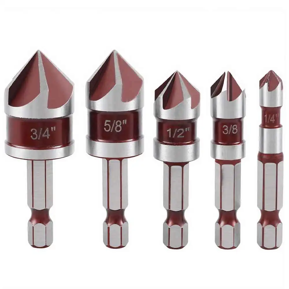 

5шт 82 ° Набор сверл с 5-зубыми канавками, 1/4 дюйма, 3/8 дюйма, 1/2 дюйма, 5/8 дюйма, 3/4 дюйма, деревообрабатывающий инструмент, открывалка для отверстий, бит для снятия фаски, для дерева, металла