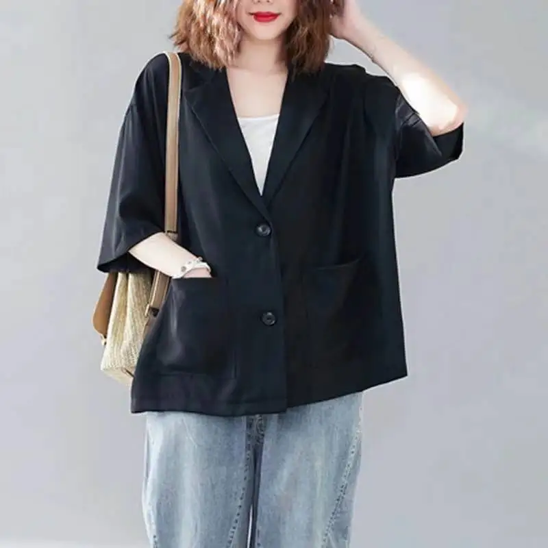 Casual Loose Korean Office Lady Fashion Straight Simplicity Button Blazers Pockets Summer Thin Notched Women\'s Clothing Solid