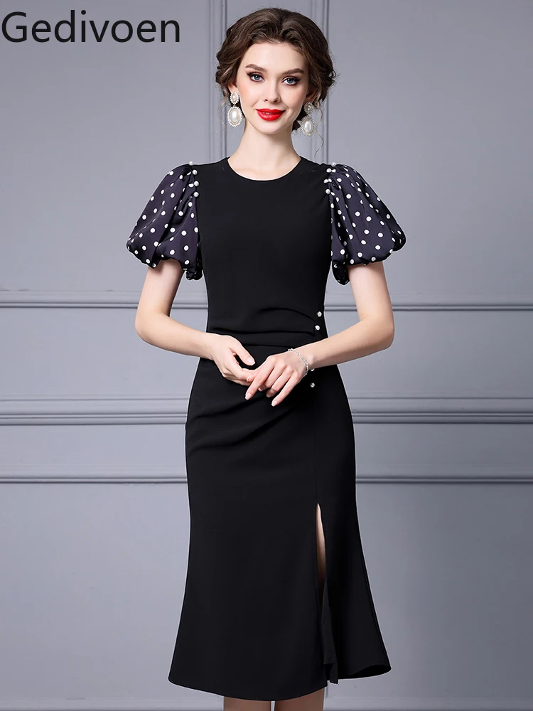 

Gedivoen Summer Fashion Runway New Designer Puff Sleeve Embroidered Flares Dot Office Lady Style Empire Slim Trumpet Dress