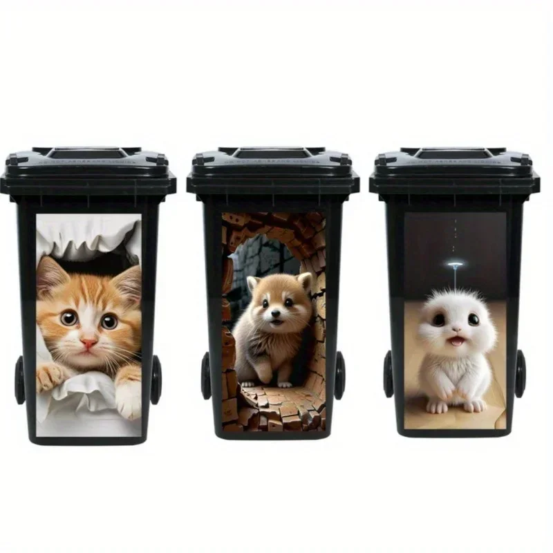 1pc 3D Animal Simulation Self-Adhesive Waterproof Outdoor Rubbish Bin Decal - Kitchen Garbage Can Wall Door Window Decoration