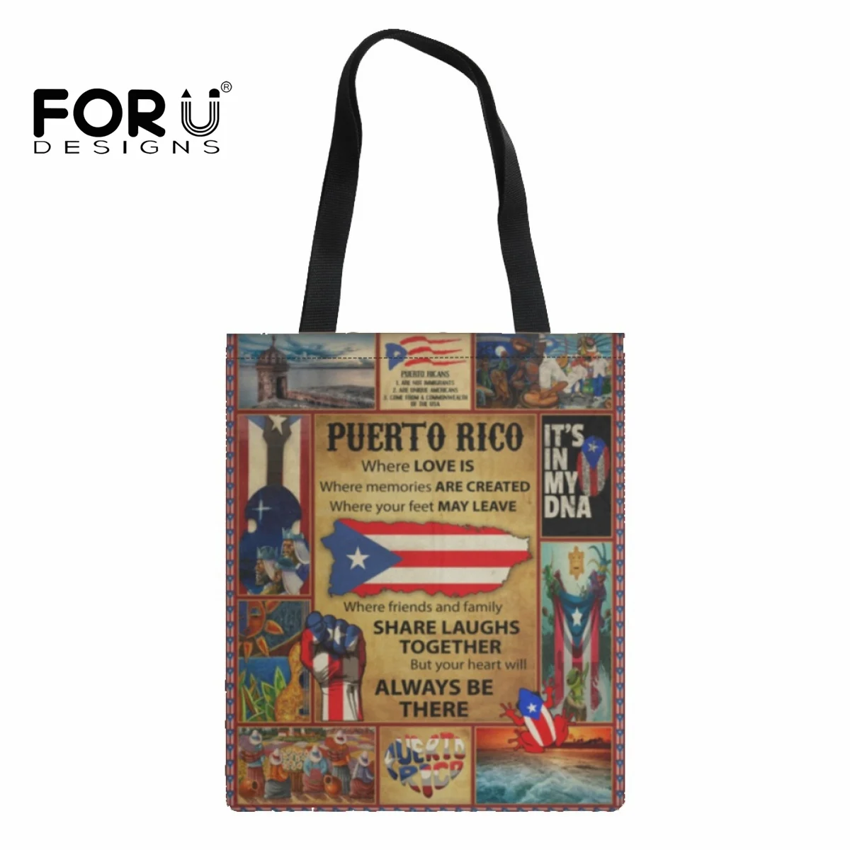 FORUDESIGNS Women Shopping Bag Puerto Rico Culture Arts Travel Shoulder Bag Reusable Storage Handbag Foldable Eco Tote Grocery