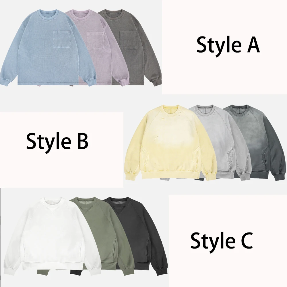 2026 Men's round Neck Sweatshirt Fleece Lined Washed Heavyweight Patchwork Loose Fit Crew Neck Sweatshirt for Autumn Winter