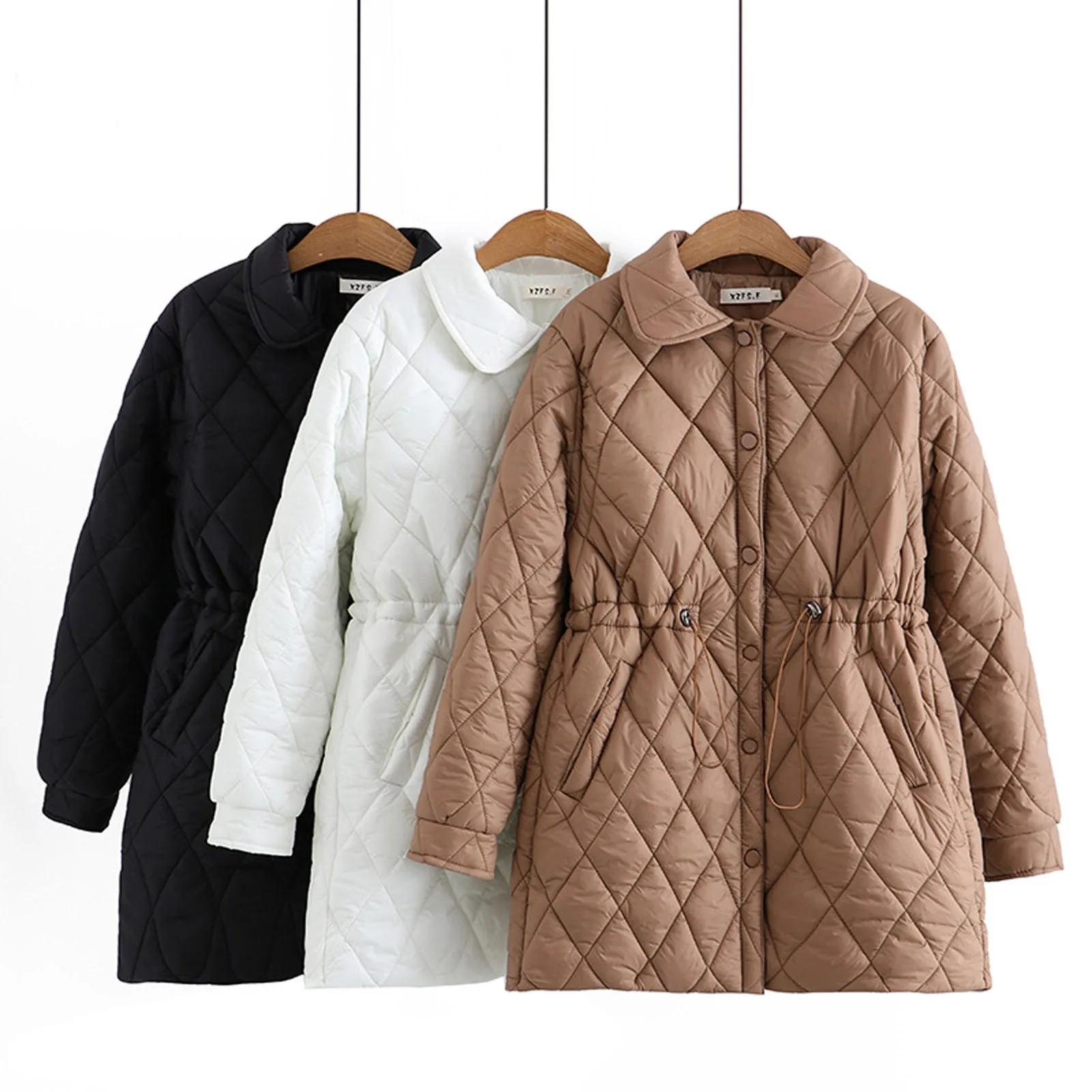 

Autumn Winter Quilted Jacket Women Lightweight Loose Slim Fashion Argyle Clothes Mid Length Drawstring Waist Coat classical coat