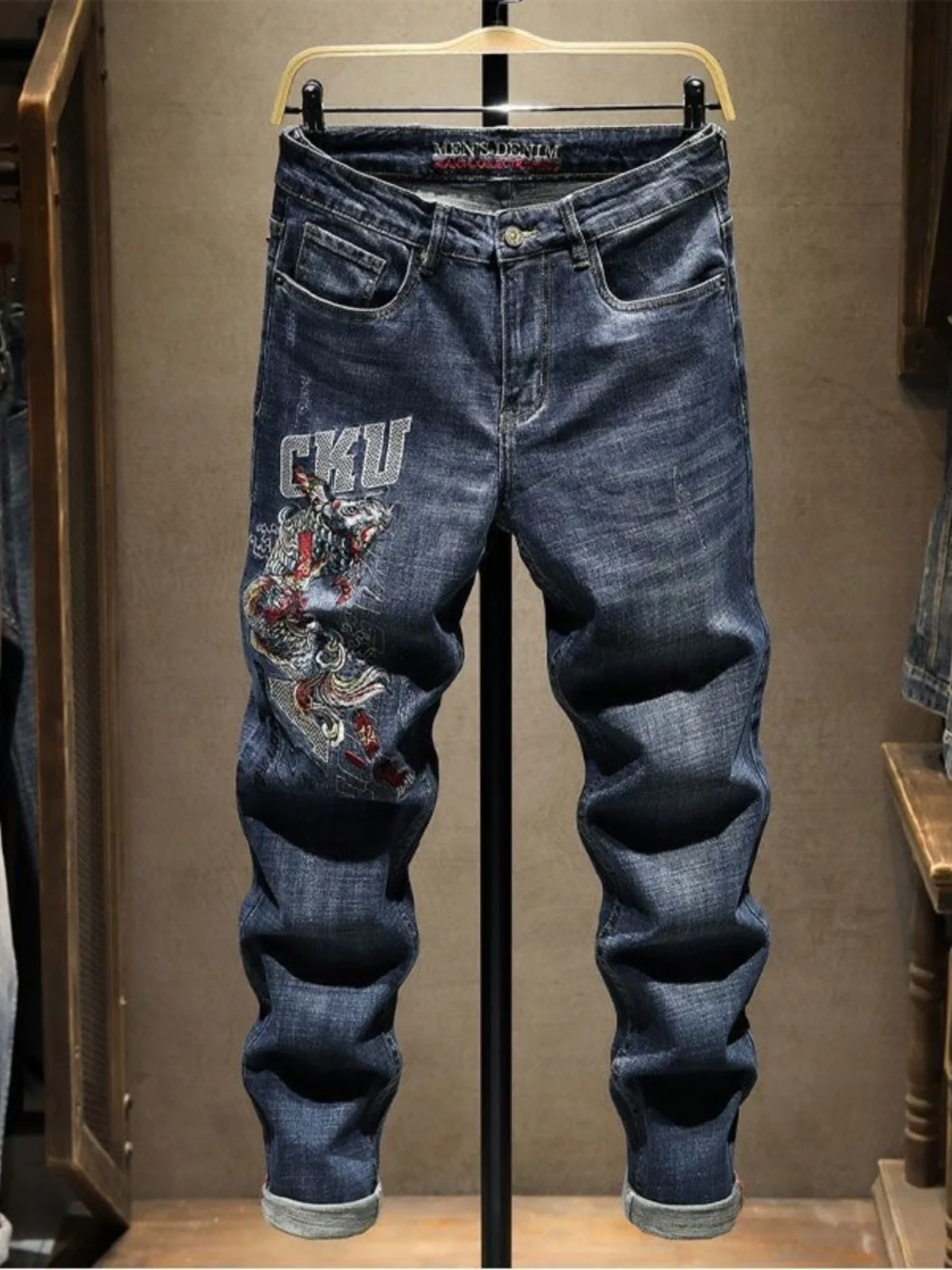 

Ele Heavy Embroidery Men's Jeans Elastic Personali Retro Faion Match All Long Pants hine Embroidery Youth Trend
