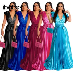 Satin Elegant Women Long Maxi Dress Petal Sleeveless Deep V Neck Pleated Evening Dress Summer Sexy Night Club Party Vestidos