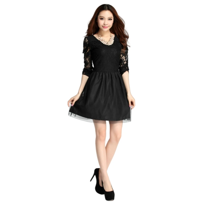 Vestido de encaje con mangas transparentes para mujer Vestido negro adelgazante y elegante