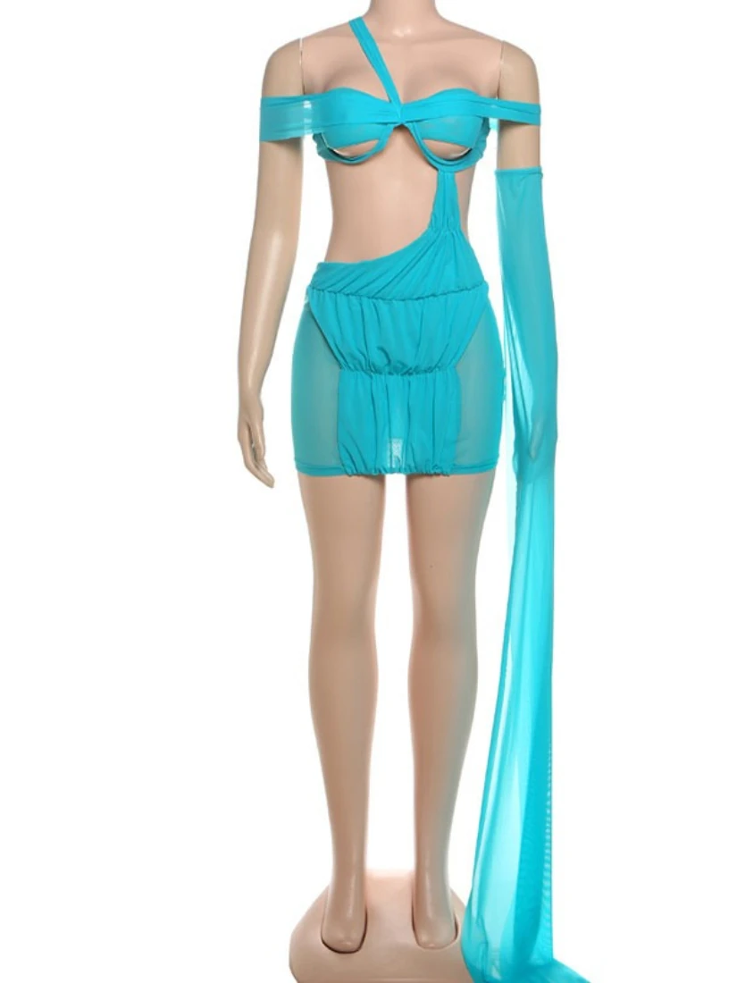 SsTss 夏の新作ホットガールズミニドレス レディースセクシー無地ワンショルダーストラップオフショルダーノースリーブカットアウトシースルー クラブドレス