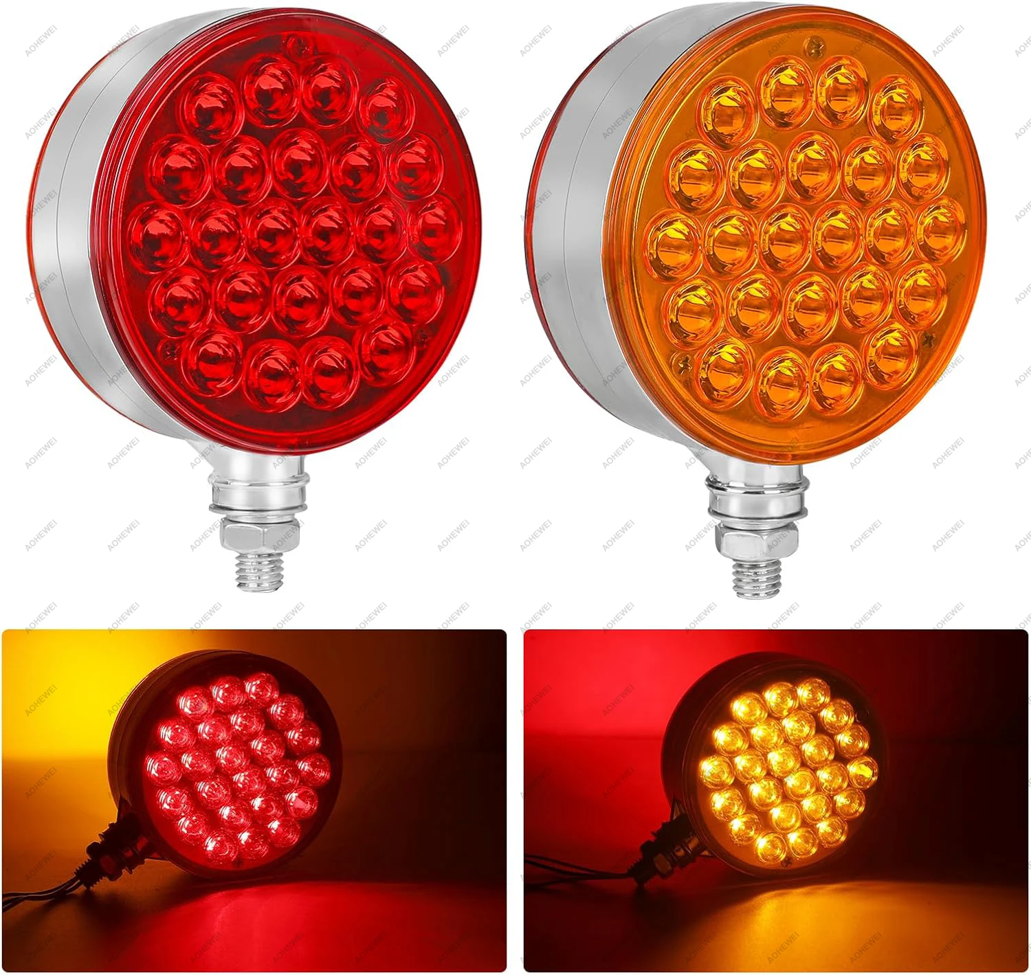 2PCS Truck Fender Amber/Red Round Light with 3 Stud Mount Waterproof LED Turn Signal Lights 48 LED Stop Turn Tail Signal Light
