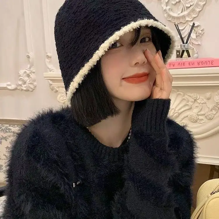 Topi Wanita Musim Gugur dan Musim Dingin, Topi Bucket Lingkar Kepala Besar, Gaya Jepang, Topi Rajut Hitam Berbulu, Topi Nelayan Sederhana