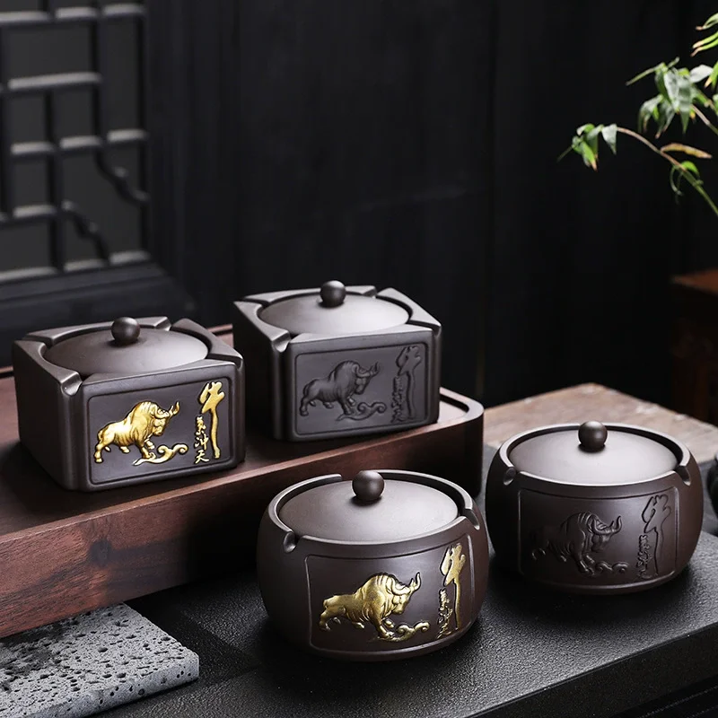 

Creative Purple Sand Material With Cover Ashtray, Domineering Cow Home Living Room Office Decor Ornaments Retro Ashtrays