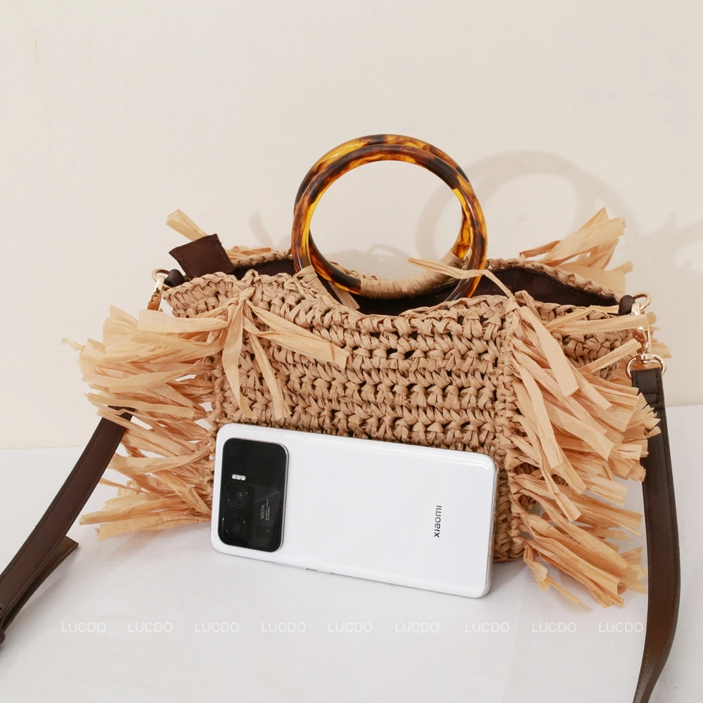 Beach Raffia Rattan Woven Handbags for Women 2024 Tassels Amber Circle Acrylic Handle Shoulder Clutch Designer Summer Straw Bags