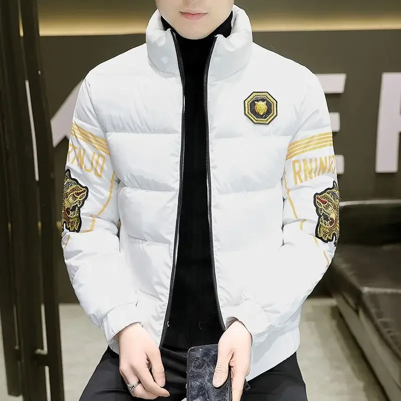 2024 men's down cotton-padded winter new fashion brand hot diamond tiger bright face standing collar ruffian handsome slim warm