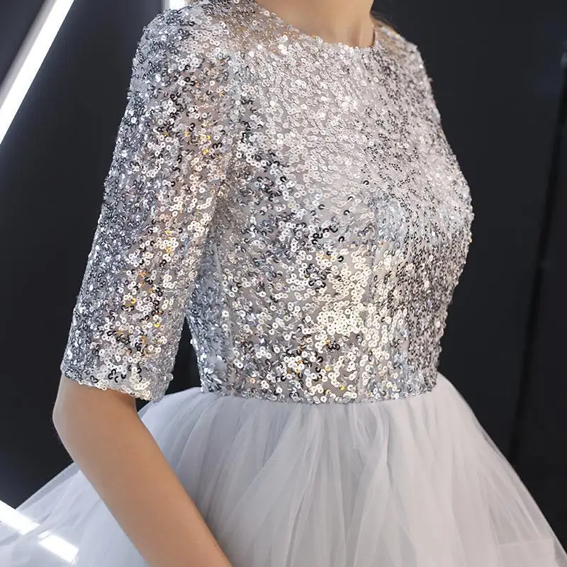 2023 Neues silbergraues Party-Abendkleid mit hochwertigem Glitzer-Kleid mit mittellangen Ärmeln und bauschigem Host-Klavier-Performance-Kleid