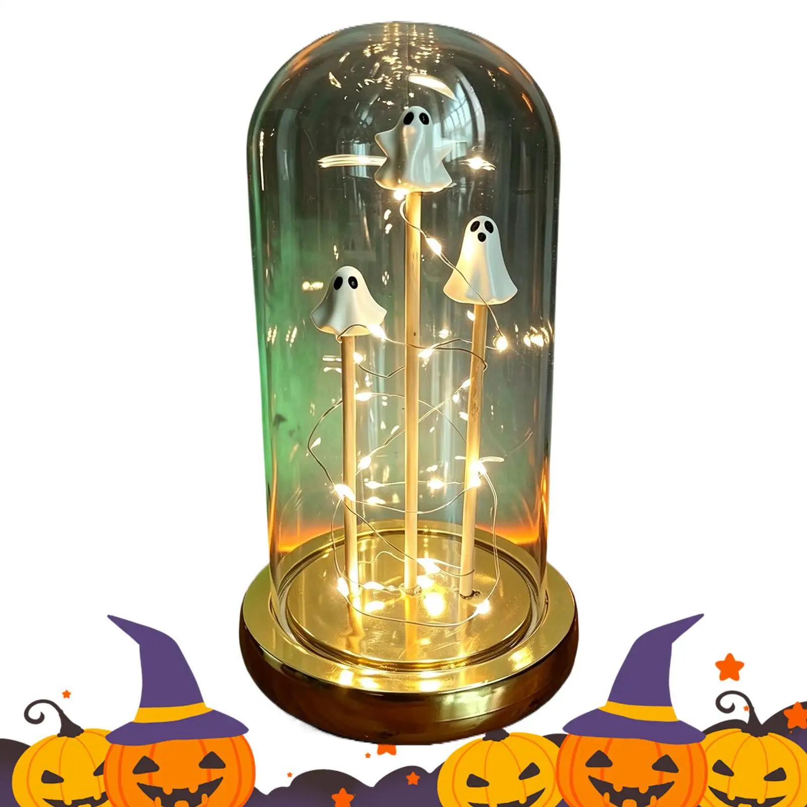 Halloween Ghost Hood Light 3 Mini Ghost Transparent Dome Small Night Lights Ghost in Glass Cloche Light Desktop Decoration