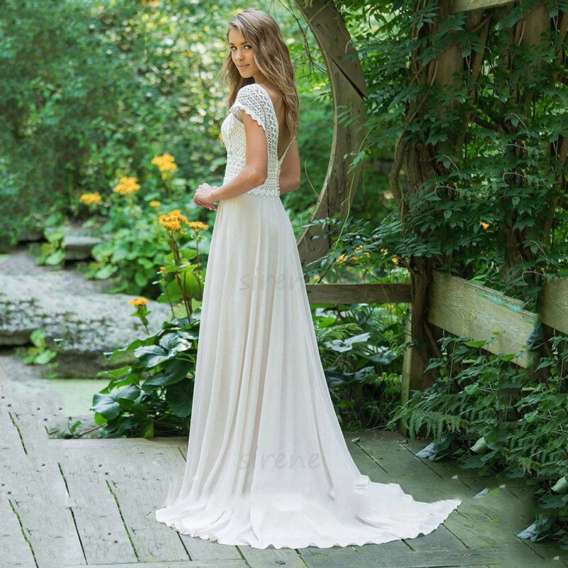 Customized Bohemian A-Line Wedding Dress White V-Neck Backless Cap Sleeve Lace Applique Chiffon Bridal Gowns Sweep Train 2025