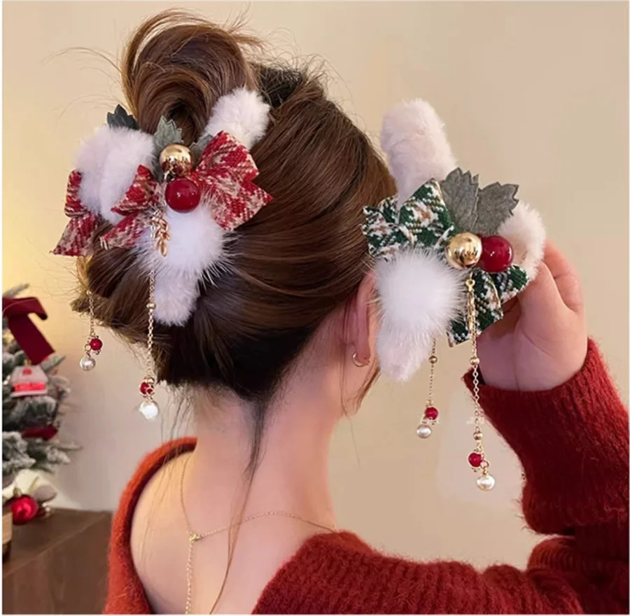 Fashion elegant New Year red Plush Hair Claw Women\'s Back of Head Bow Clip Large High-end Shark Clip Headwear Hair Accessories