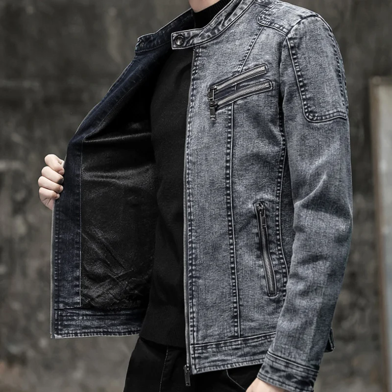 

New Vintage Denim Jackets Men Slim Fit Solid Casual s Jean Coat Fashion Stand Collar Moto Biker Coats Clothing 2023