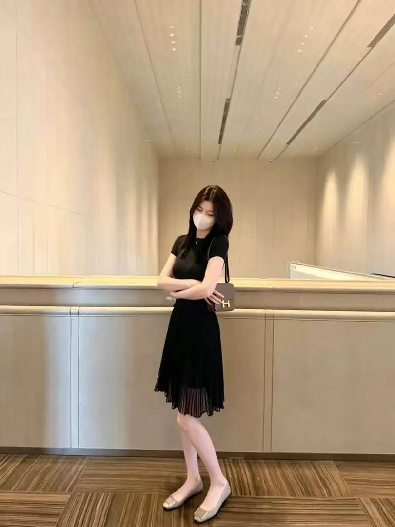 Women Chiffon Pleated Skirts Solid Elegant Elastic Waist Korean with Lining A Line Skirts Ladies Office Skirt Womens Clothing