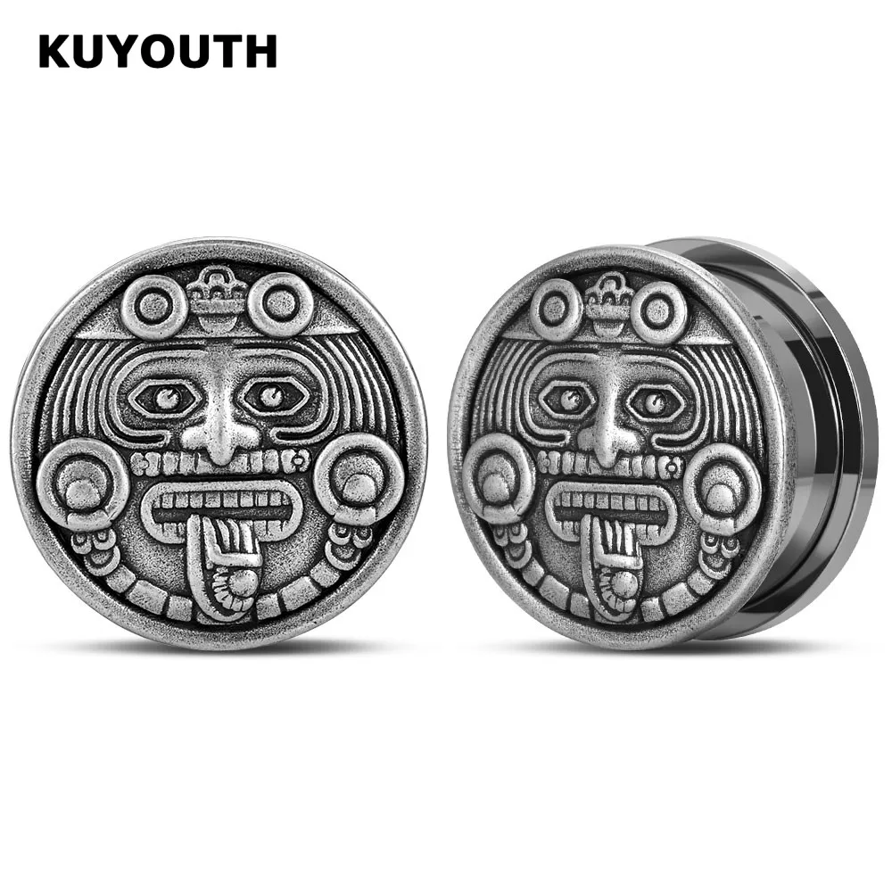 KUYOUTH Newest Stainless Steel Maya Totem Ear Expanders Screw Plugs Tunnels Earring Gauges Body Piercing Jewelry Stretchers 2PCS