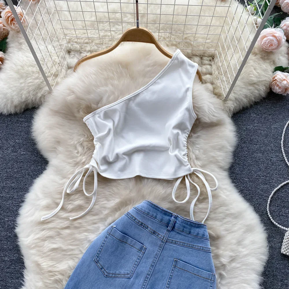 Summer Women Two 2 Piece Set Sexy One Shoulder Crop Top+High Waist Button-up Denim Skirts Korean Office Lady Sleeveless Suits