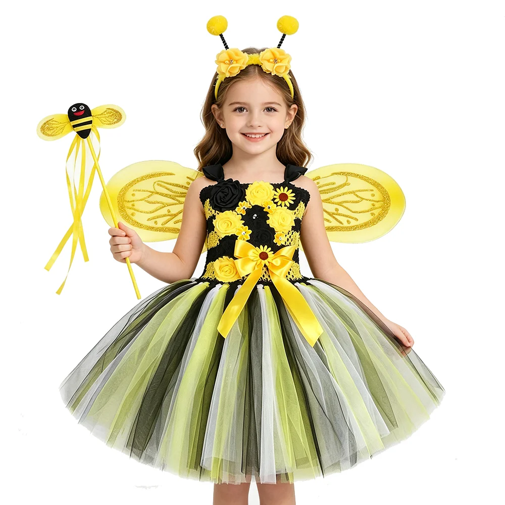 女の子用花柄ミツバチコスチューム、ミツバチの妖精プリンセスドレス（羽付き）、子供用ハロウィン・クリスマス衣装、誕生日服