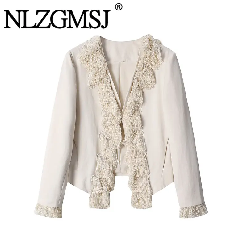 Nlzgmsj 2026 Autumn Women Boho Fringe Tassel Cropped Jacket V Neck Open Front Raw Edge Long Sleeve Loose Fashion Outerwear Coat
