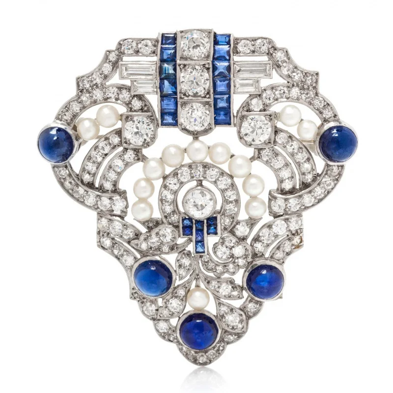 

S925 Silver Gold plated high carbon diamond shell beads Royal blue Art Deco Art Deco antique brooch