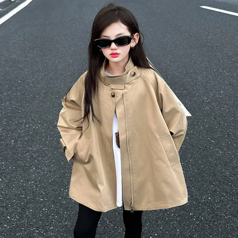 

Весенне-осенний модный плащ для девочек, свободное пальто, детская ветровка, куртка на молнии для девочек, верхняя одежда цвета хаки для подростков, детская одежда